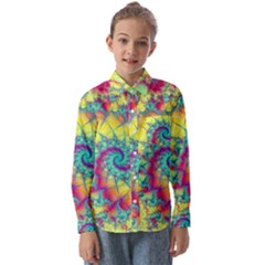 Fractal Spiral Abstract Background Vortex Yellow Kids  Long Sleeve Shirt by Ket1n9