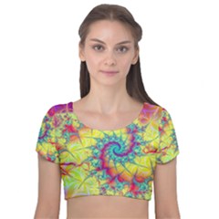 Fractal Spiral Abstract Background Vortex Yellow Velvet Short Sleeve Crop Top  by Ket1n9