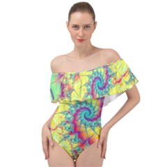 Fractal Spiral Abstract Background Vortex Yellow Off Shoulder Velour Bodysuit 