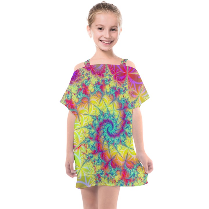 Fractal Spiral Abstract Background Vortex Yellow Kids  One Piece Chiffon Dress