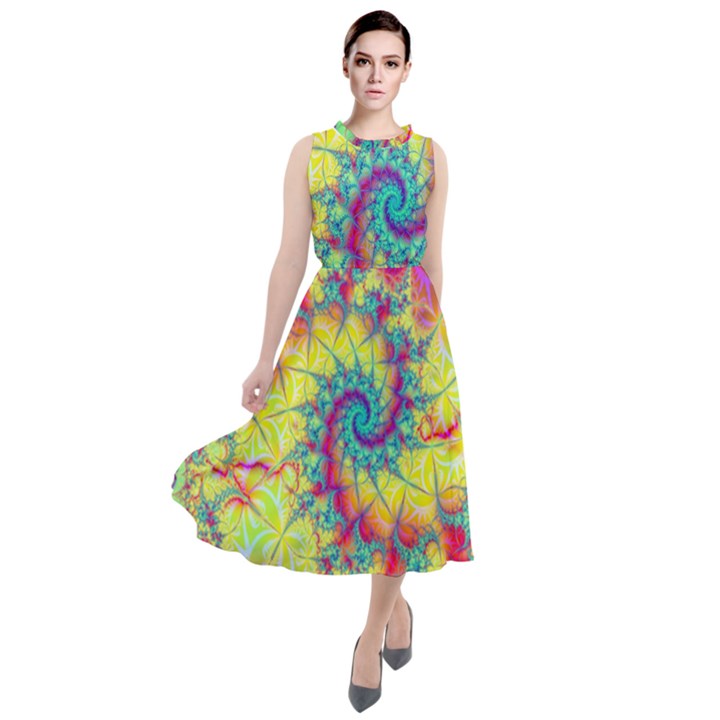 Fractal Spiral Abstract Background Vortex Yellow Round Neck Boho Dress