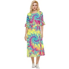 Fractal Spiral Abstract Background Vortex Yellow Double Cuff Midi Dress by Ket1n9