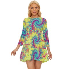 Fractal Spiral Abstract Background Vortex Yellow Long Sleeve Babydoll Dress by Ket1n9