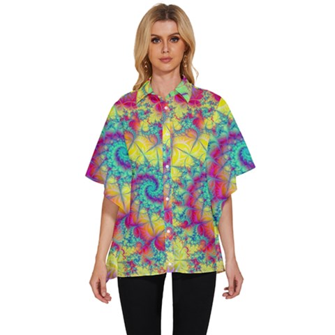 Fractal Spiral Abstract Background Vortex Yellow Women s Batwing Button Up Shirt by Ket1n9