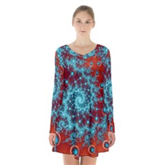 Fractal Pattern Background Long Sleeve Velvet V-neck Dress