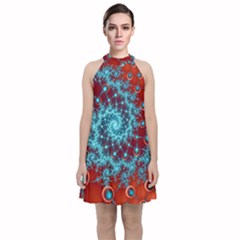 Fractal Pattern Background Velvet Halter Neckline Dress 