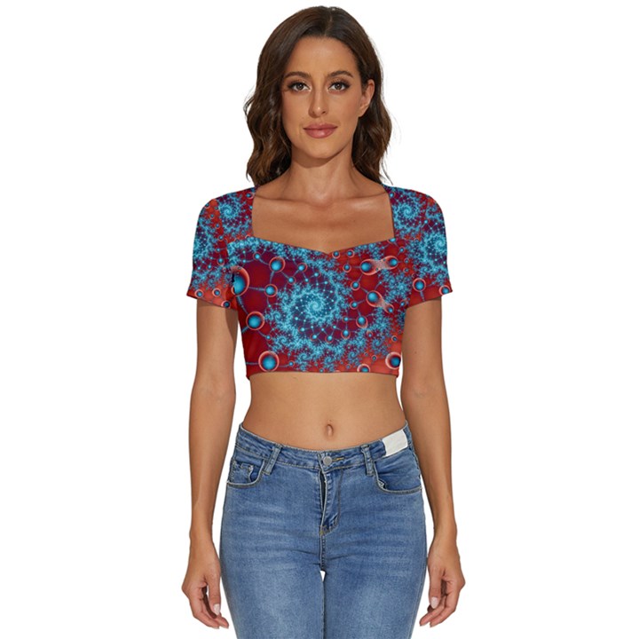 Fractal Pattern Background Short Sleeve Square Neckline Crop Top 