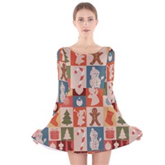 Cute Christmas Seamless Pattern Vector  - Long Sleeve Velvet Skater Dress