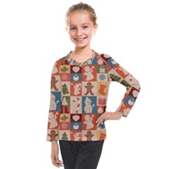 Cute Christmas Seamless Pattern Vector  - Kids  Long Mesh T-shirt