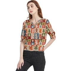 Cute Christmas Seamless Pattern Vector  - Quarter Sleeve Blouse