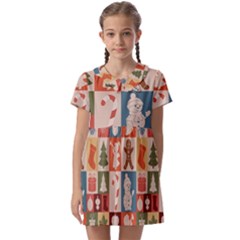 Cute Christmas Seamless Pattern Vector  - Kids  Asymmetric Collar Dress