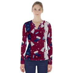 Flat Design Christmas Pattern Collection Art V-neck Long Sleeve Top