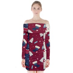 Flat Design Christmas Pattern Collection Art Long Sleeve Off Shoulder Dress