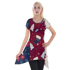 Flat Design Christmas Pattern Collection Art Short Sleeve Side Drop Tunic