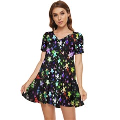 Christmas Star Gloss Lights Light Tiered Short Sleeve Babydoll Dress by Ket1n9