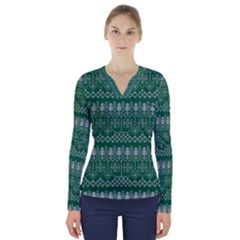 Christmas Knit Digital V-neck Long Sleeve Top by Mariart