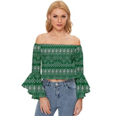 Christmas Knit Digital Off Shoulder Flutter Bell Sleeve Top by Mariart