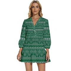 Christmas Knit Digital V-neck Placket Mini Dress