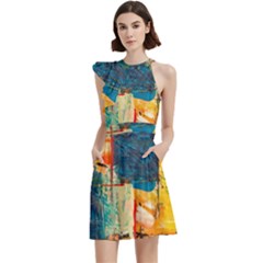 Wall Art Cocktail Party Halter Sleeveless Dress With Pockets