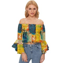 Wall Art Off Shoulder Flutter Bell Sleeve Top