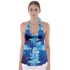 Water Blue Wallpaper Tie Back Tankini Top by Azkajaya