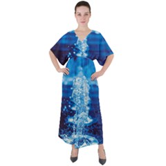 Water Blue Wallpaper V-neck Boho Style Maxi Dress by Azkajaya