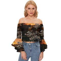 White Flower Off Shoulder Flutter Bell Sleeve Top