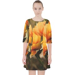 Yellow Butterfly Flower Quarter Sleeve Pocket Dress