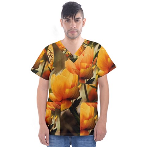 Yellow Butterfly Flower Men s V-neck Scrub Top by Azkajaya