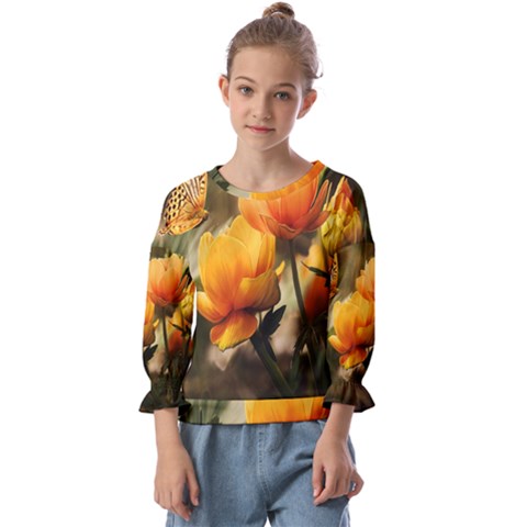 Yellow Butterfly Flower Kids  Cuff Sleeve Top by Azkajaya