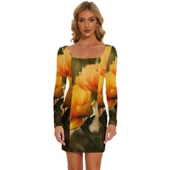 Yellow Butterfly Flower Long Sleeve Square Neck Bodycon Velvet Dress by Azkajaya