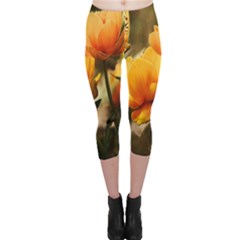 Yellow Butterfly Flower Capri Leggings  by Azkajaya