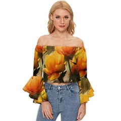 Yellow Butterfly Flower Off Shoulder Flutter Bell Sleeve Top by Azkajaya