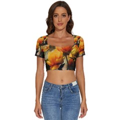 Yellow Butterfly Flower Short Sleeve Square Neckline Crop Top  by Azkajaya