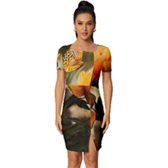 Yellow Butterfly Flower Fitted Knot Split End Bodycon Dress by Azkajaya