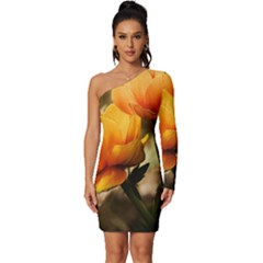 Yellow Butterfly Flower Long Sleeve One Shoulder Mini Dress by Azkajaya