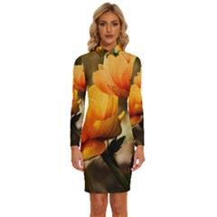 Yellow Butterfly Flower Long Sleeve Shirt Collar Bodycon Dress by Azkajaya