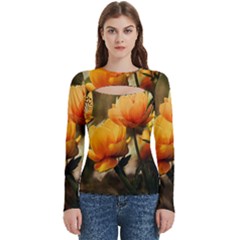 Yellow Butterfly Flower Women s Cut Out Long Sleeve T-shirt by Azkajaya