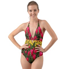 Yellow Pink Red Flowers Halter Cut-out One Piece Swimsuit by Azkajaya