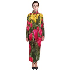 Yellow Pink Red Flowers Turtleneck Maxi Dress by Azkajaya