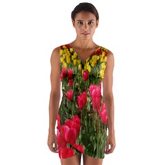 Yellow Pink Red Flowers Wrap Front Bodycon Dress by Azkajaya