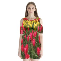 Yellow Pink Red Flowers Shoulder Cutout Velvet One Piece