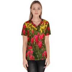 Yellow Pink Red Flowers Women s V-neck Scrub Top by Azkajaya