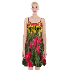 Yellow Pink Red Flowers Spaghetti Strap Velvet Dress