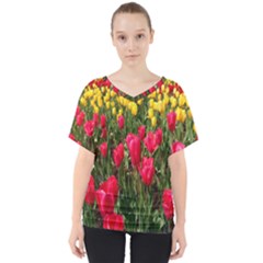 Yellow Pink Red Flowers V-neck Dolman Drape Top by Azkajaya