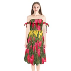 Yellow Pink Red Flowers Shoulder Tie Bardot Midi Dress by Azkajaya