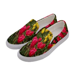 Yellow Pink Red Flowers Women s Canvas Slip Ons by Azkajaya