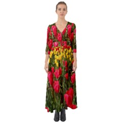 Yellow Pink Red Flowers Button Up Boho Maxi Dress by Azkajaya