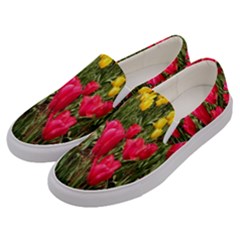 Yellow Pink Red Flowers Men s Canvas Slip Ons by Azkajaya