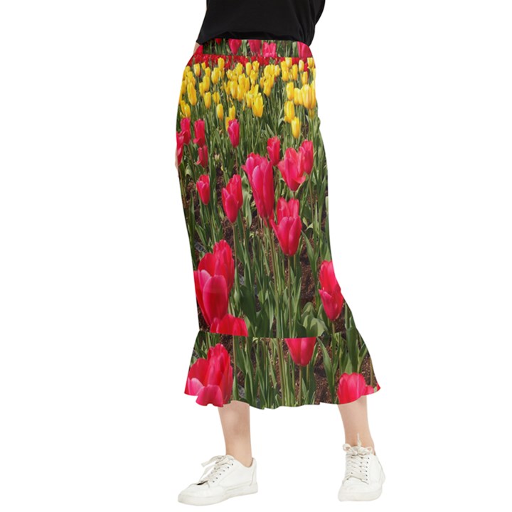 Yellow Pink Red Flowers Maxi Fishtail Chiffon Skirt